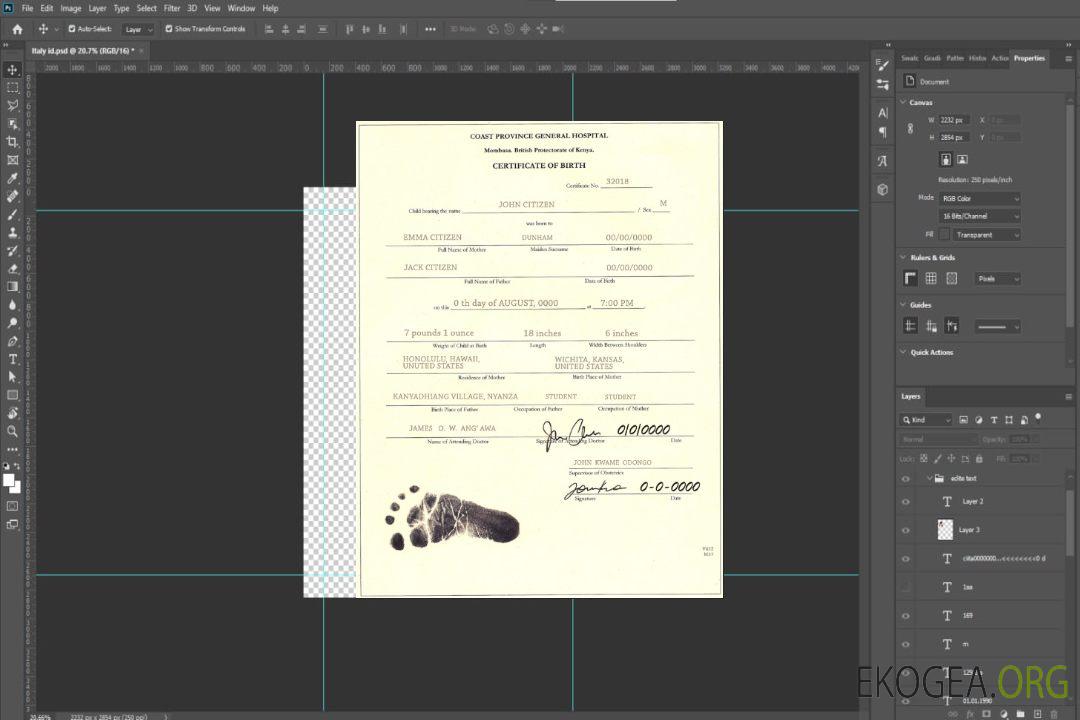 Modèle d'acte de naissance au Kenya au format PSD template